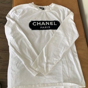 Authentic white with black velvet CHANEL uniform long sleeve crewneck T shirt.